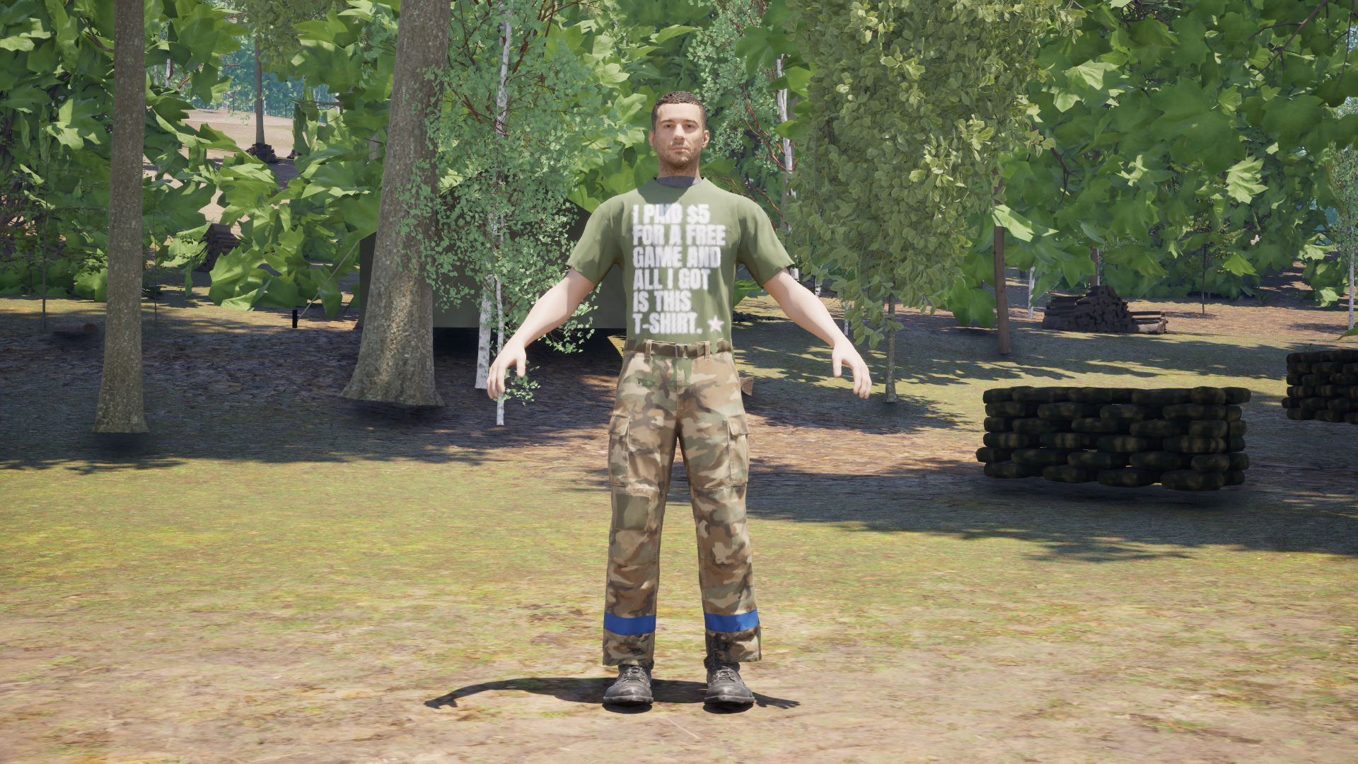 Homegrown character wearing the olive I paid $5 supporter tee in game
